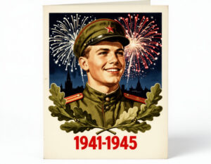 Классическая открытка 9 Мая с золотым лавровым венком, дубовыми листьями и красной звездой на состаренной почтовой бумаге