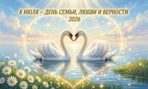 Открытка с Днем семьи, любви и верности 8 июля 2026. Два лебедя с клювами-сердечком на нежном голубом фоне с лепестками ромашек.