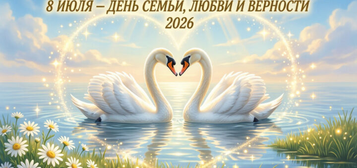 Открытка с Днем семьи, любви и верности 8 июля 2026. Два лебедя с клювами-сердечком на нежном голубом фоне с лепестками ромашек.