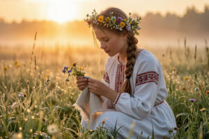 Девушка в славянском платье собирает утреннюю росу льняным полотенцем на лугу на рассвете Ивана Купалы